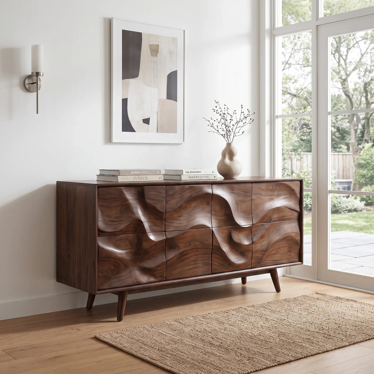 Mid Century Wave Carved Sideboard Living Room, solid wood, built to order, view 4