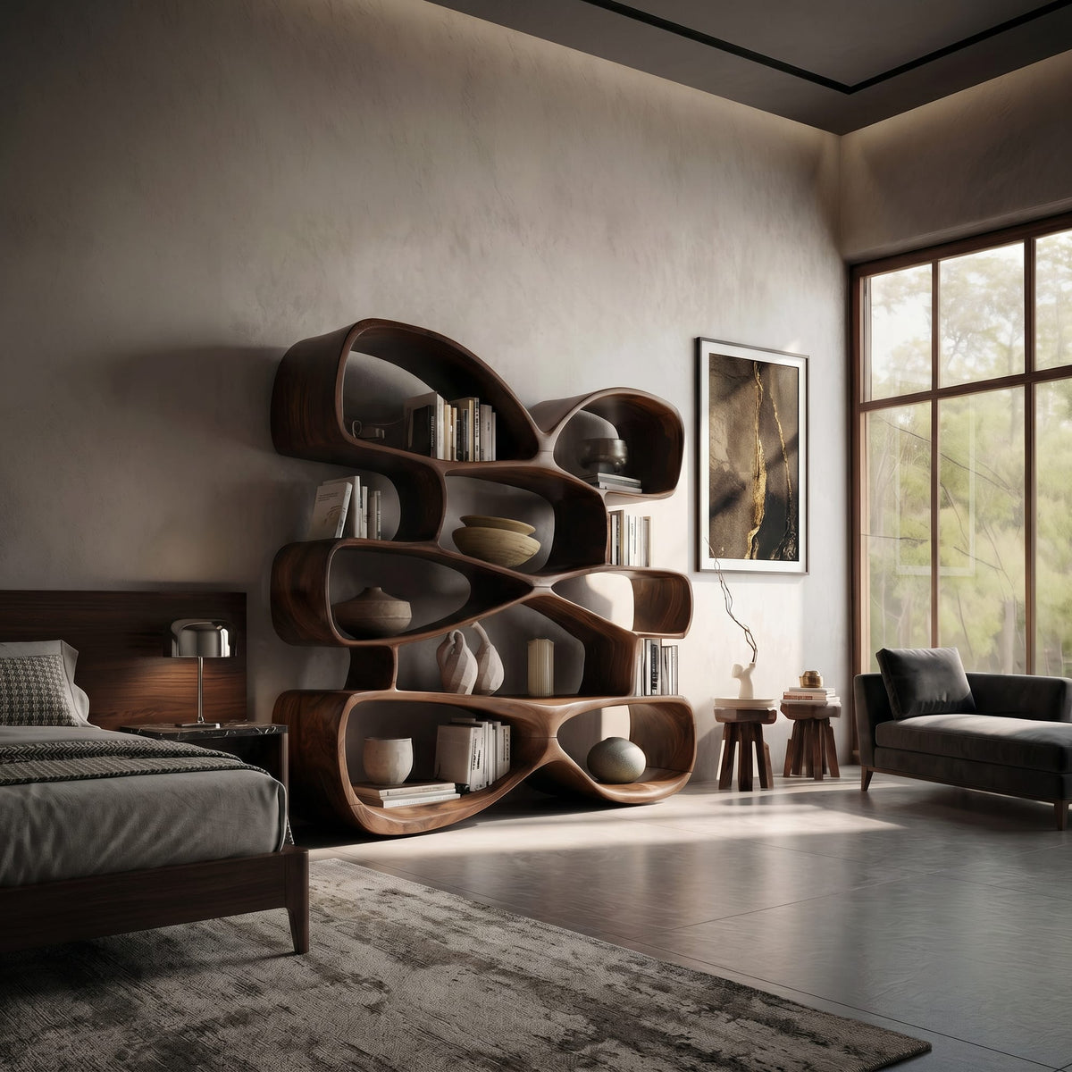 Contemporary Biomorphic Bookshelf in Fluid Design, solid wood, built to order