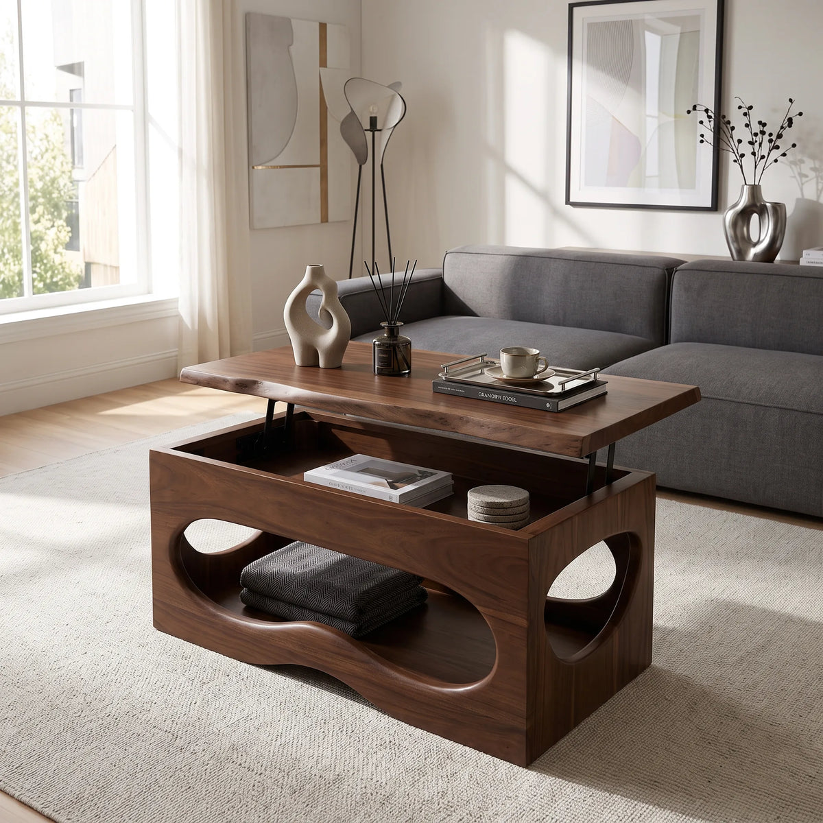 Organic Modern Lift Top Coffee Table Living Room, solid wood, built to order, view 4