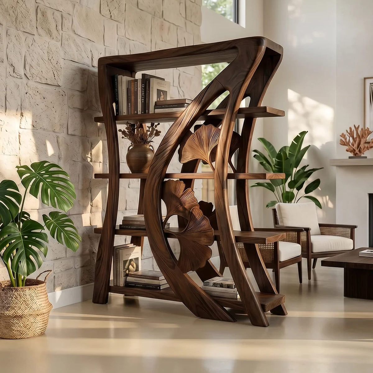 Artistic Bookcase with Botanical Sculpture Design, solid wood, built to order