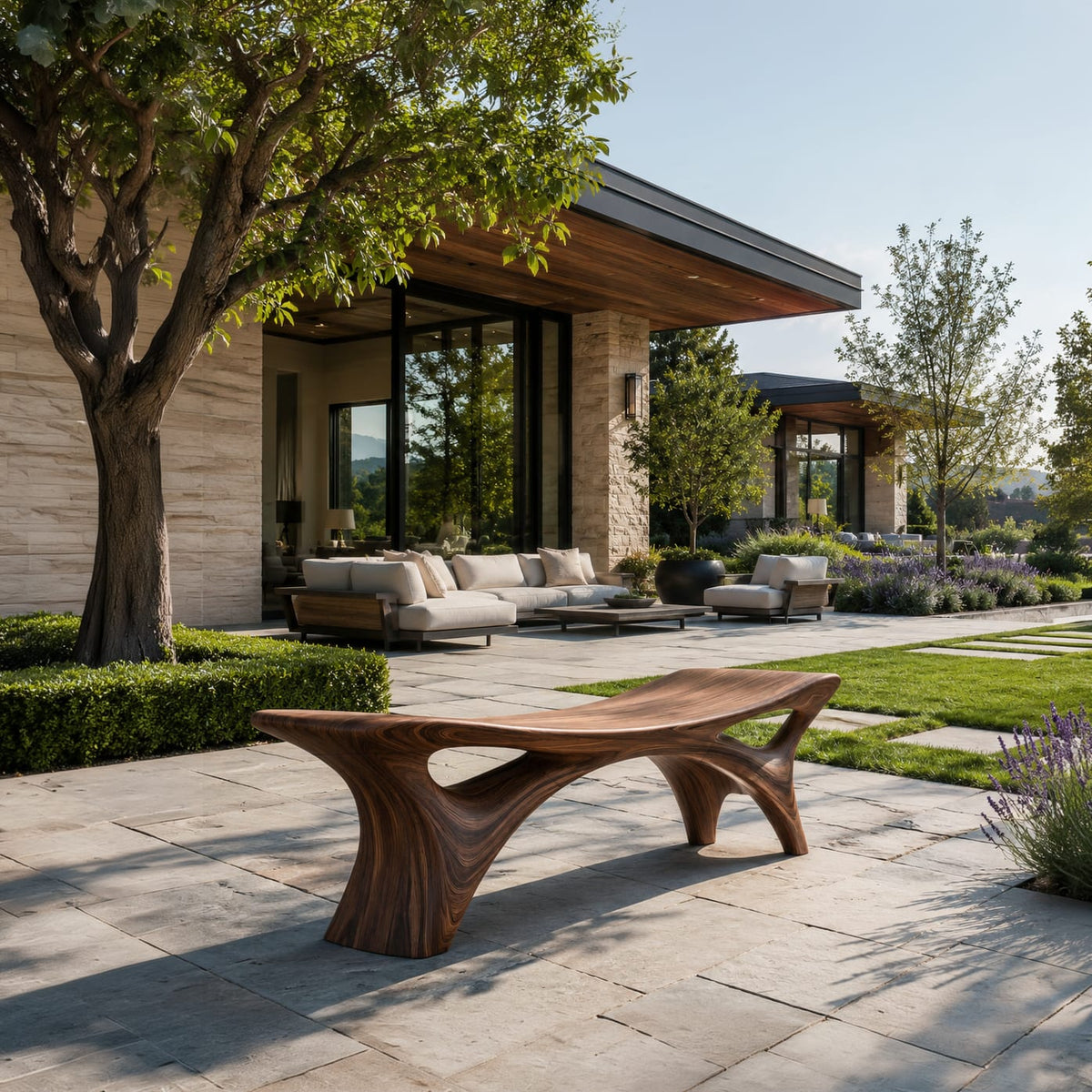Contemporary Sculptural Outdoor Bench, solid wood, built to order