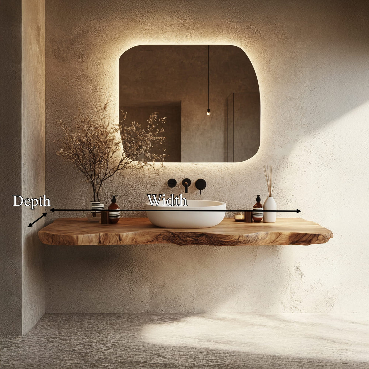Bathroom Vanity Wall Floating Console Live Edge Shelf, solid wood, built to order
