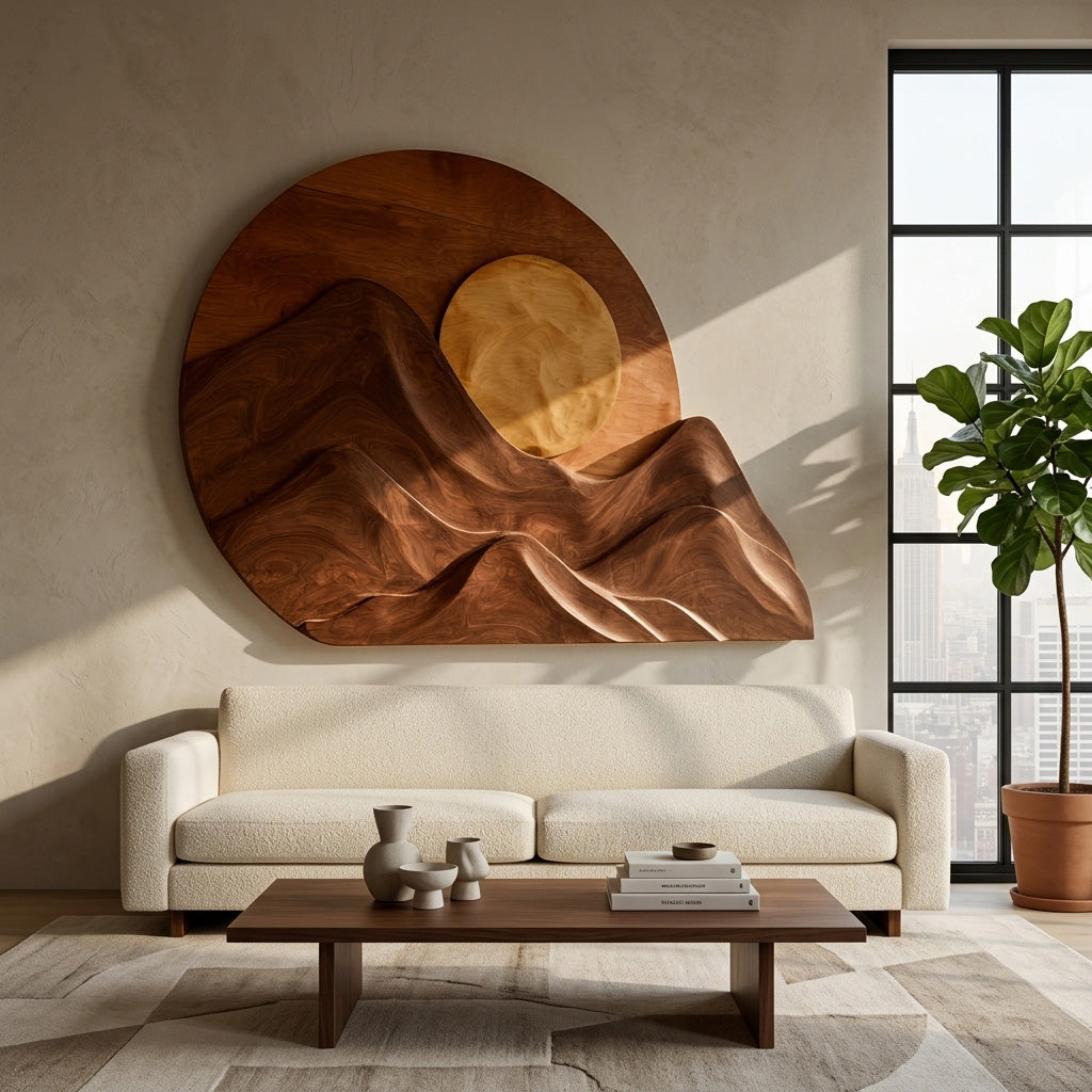 Handcrafted Mountain Sun Wall Art, solid wood, built to order
