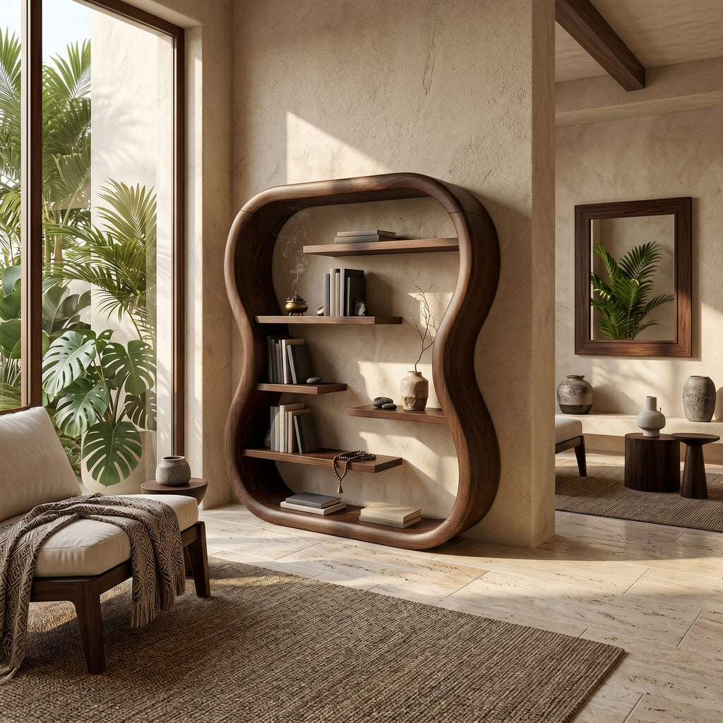 Contemporary Organic Bookshelf with Curved Frame, solid wood, built to order