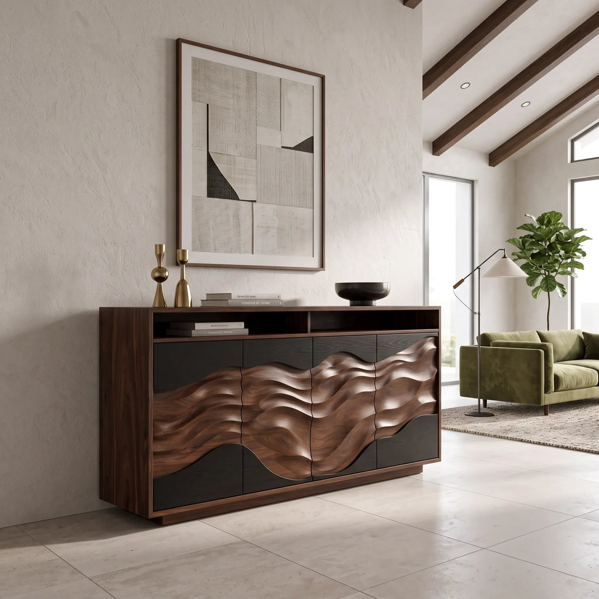 Minimalist Low Reeded Sideboard Living Room, solid wood, built to order, view 4