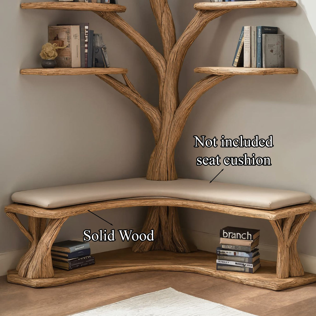 Driftwood Branch Floating Bookshelf Hall Tree with Wood Bench, solid wood, built to order