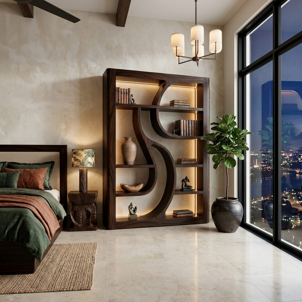 Wooden Bookshelf Featuring Ambient LED Shelving, solid wood, built to order