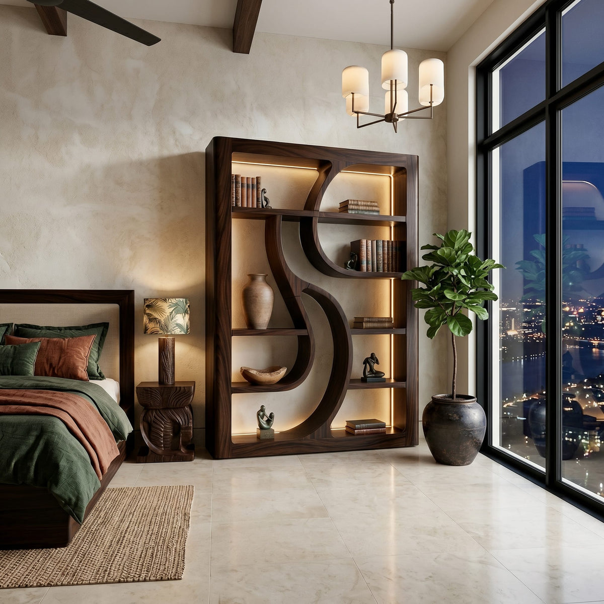 Wooden Bookshelf Featuring Ambient LED Shelving, solid wood, built to order