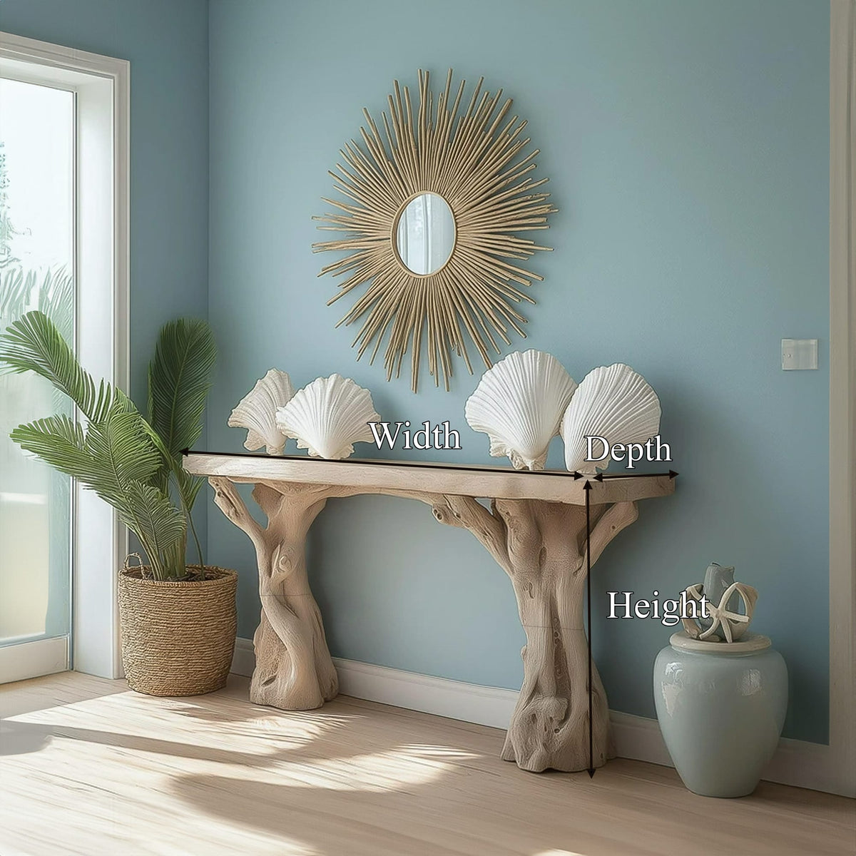 Beach Inspired Wooden Console Table Tree Form Design, solid wood, built to order