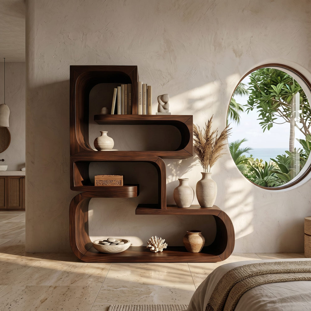Contemporary Wave Edge Bookcase in Finish, solid wood, built to order