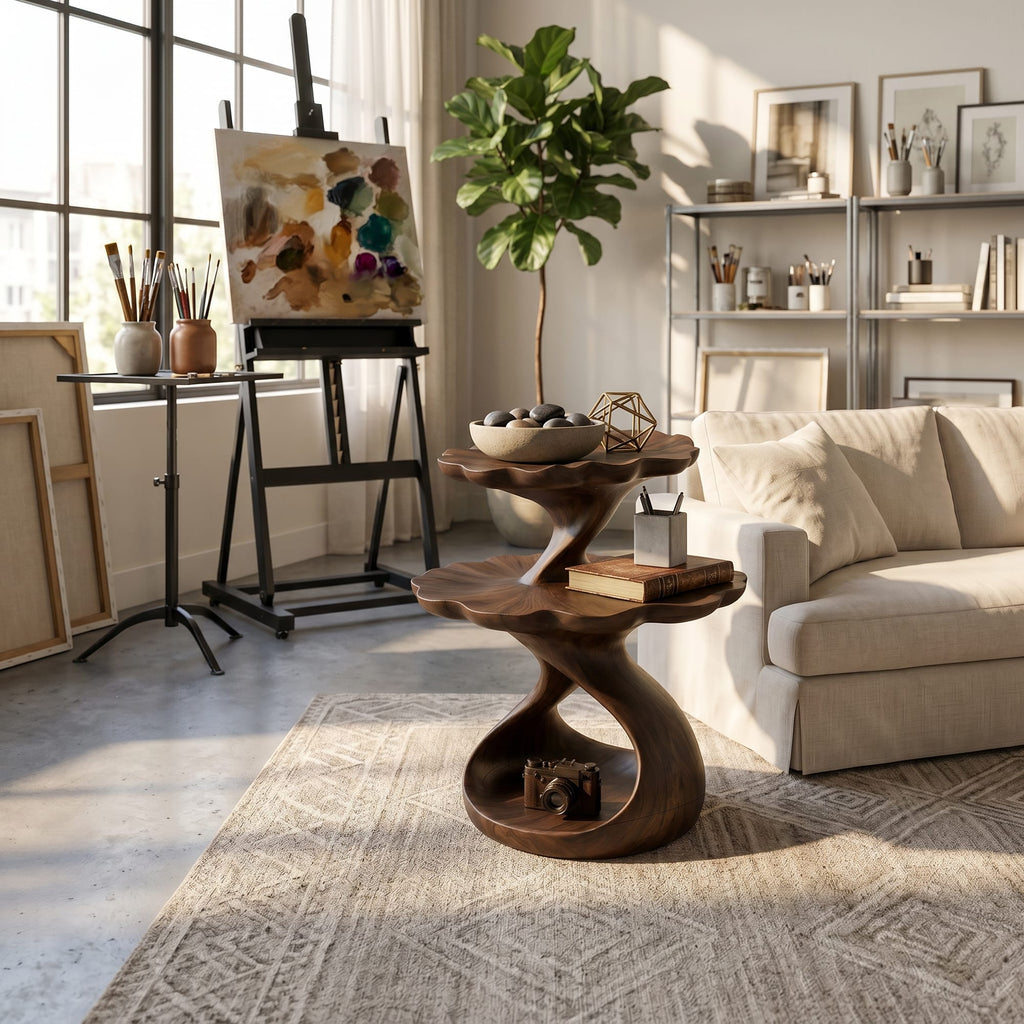 Mediterranean Two Tier Side Table Courtyard Living Room, solid wood, built to order