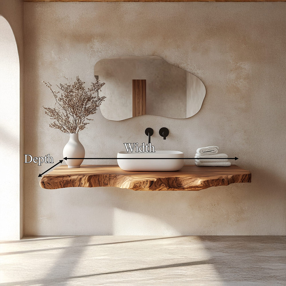 Contemporary Spa Bathroom Vanity Floating Live Edge Counter, solid wood, built to order