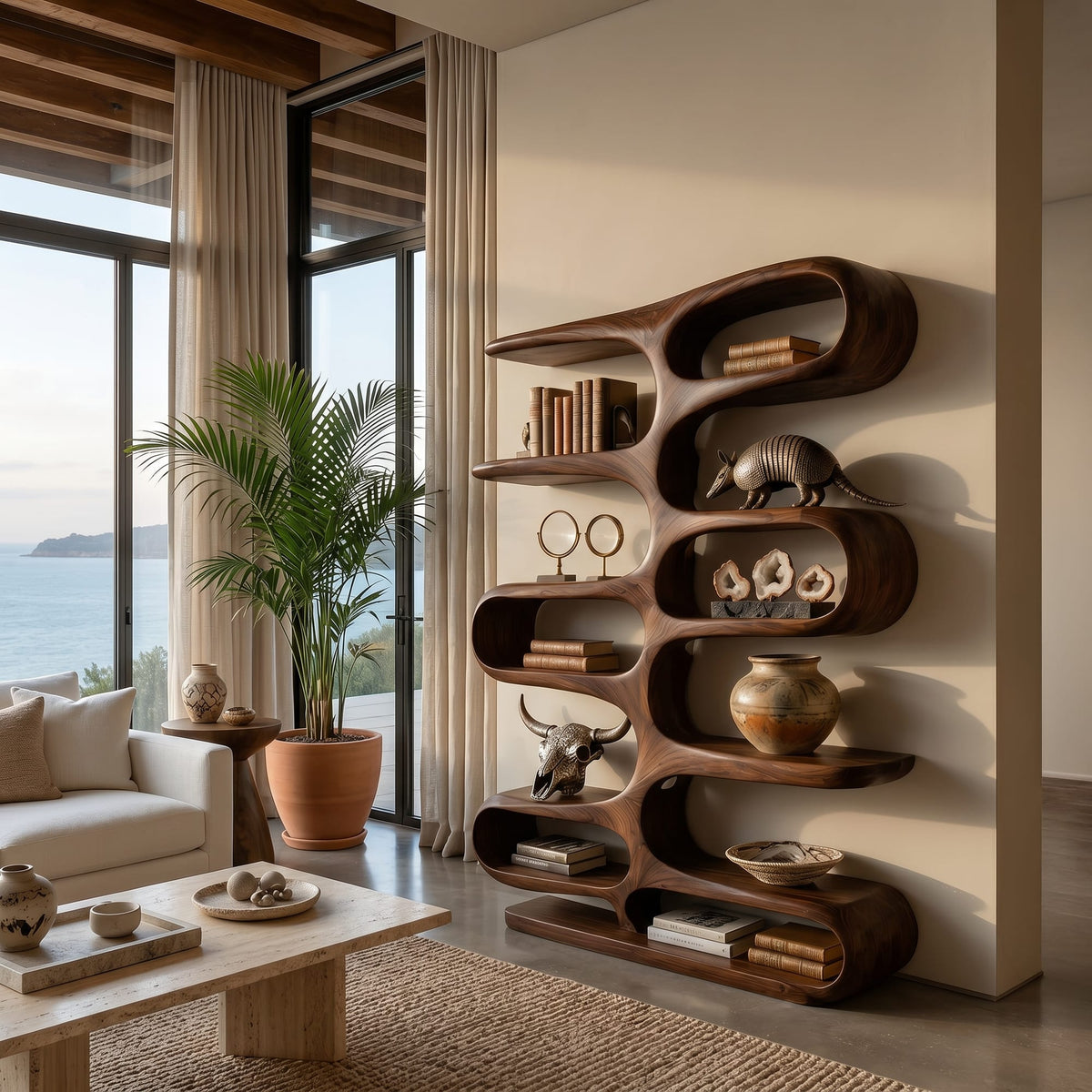 Contemporary Wooden Bookshelf with Sculptural Form for Living Room, solid wood bookcase