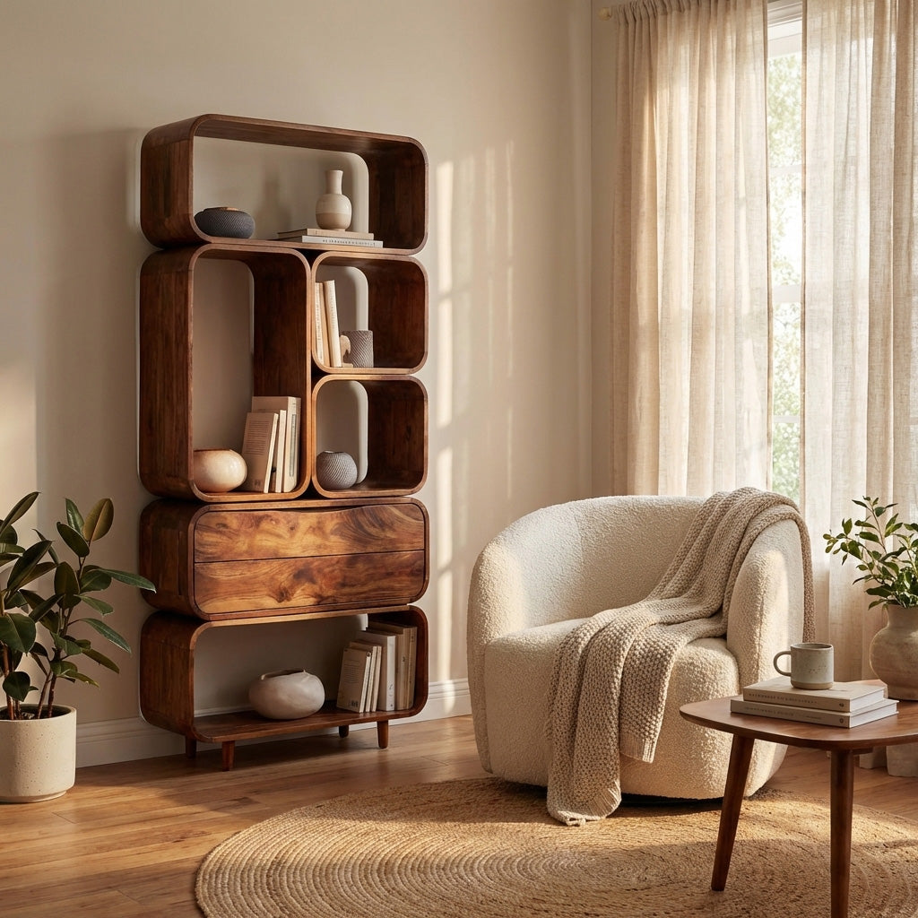 Mid Century Solid Bookshelf with Drawer Storage, solid wood, built to order