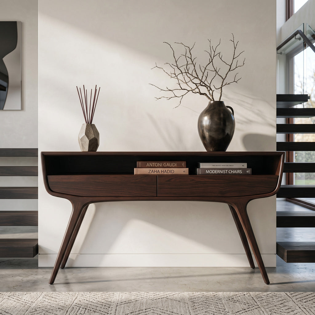 Mid Century Curved Console Table with Drawers, solid wood, built to order