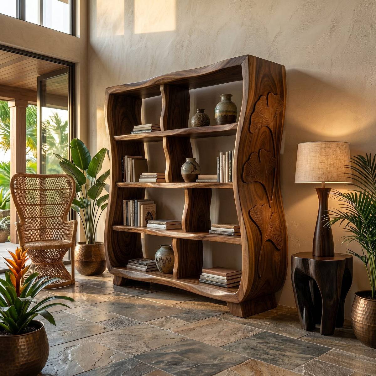 Handcrafted Bookshelf with Ginkgo Leaf Accents, solid wood, built to order