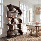 Organic Farmhouse Wooden Curved Bookshelf for Living Room, solid wood bookcase