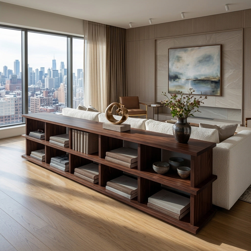 Modern Long Wooden Bookshelf for Living Room Storage, solid wood bookcase