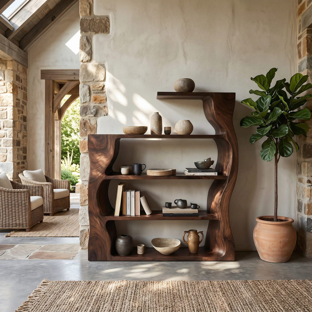 Organic Modern Bookshelf with Asymmetrical Curved Profile, solid wood, built to order