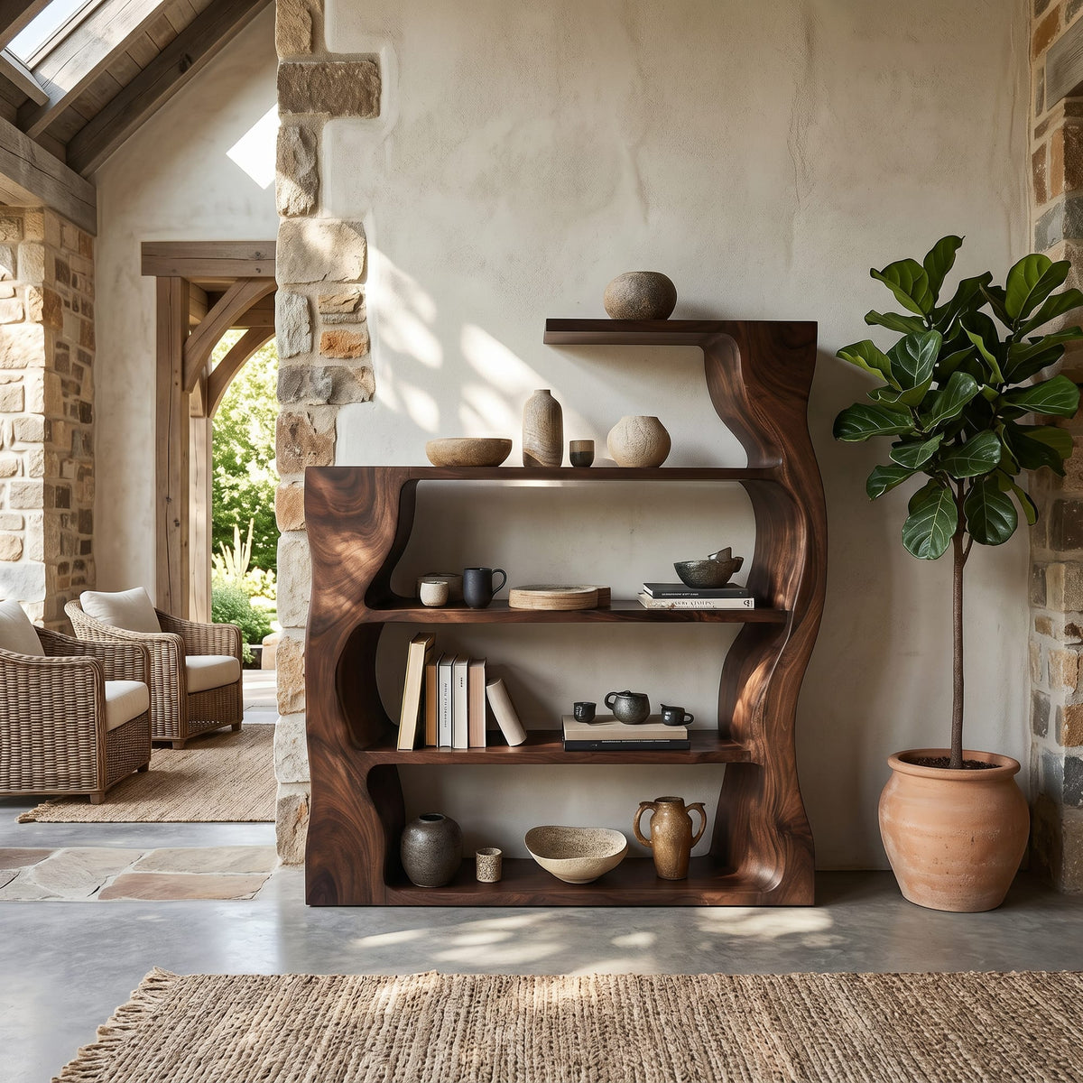 Organic Modern Bookshelf with Asymmetrical Curved Profile, solid wood, built to order