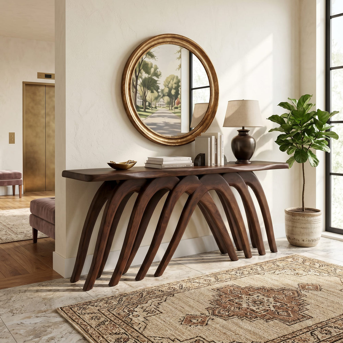 Modern Flowing Console Table Living Room, solid wood, built to order