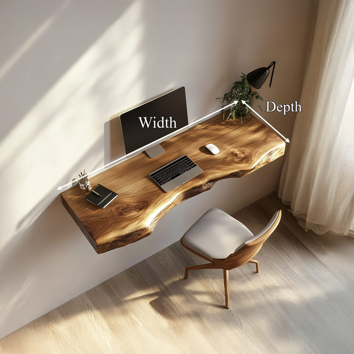 Handcrafted Live Edge Wall Desk Study Room Interior Design, solid wood, built to order