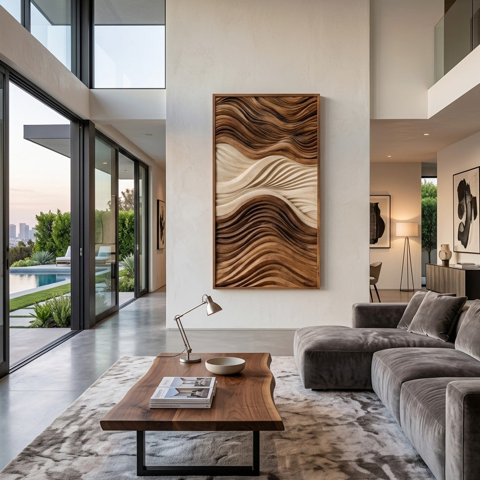 Vertical Sculptural Wall Art with Wave Carved Design, solid wood, built to order, view 4