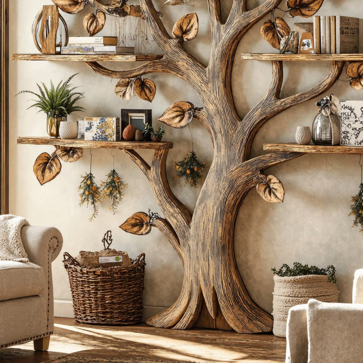 Wall Mount Floating Shelf Wood Tree Bookshelf, solid wood, built to order