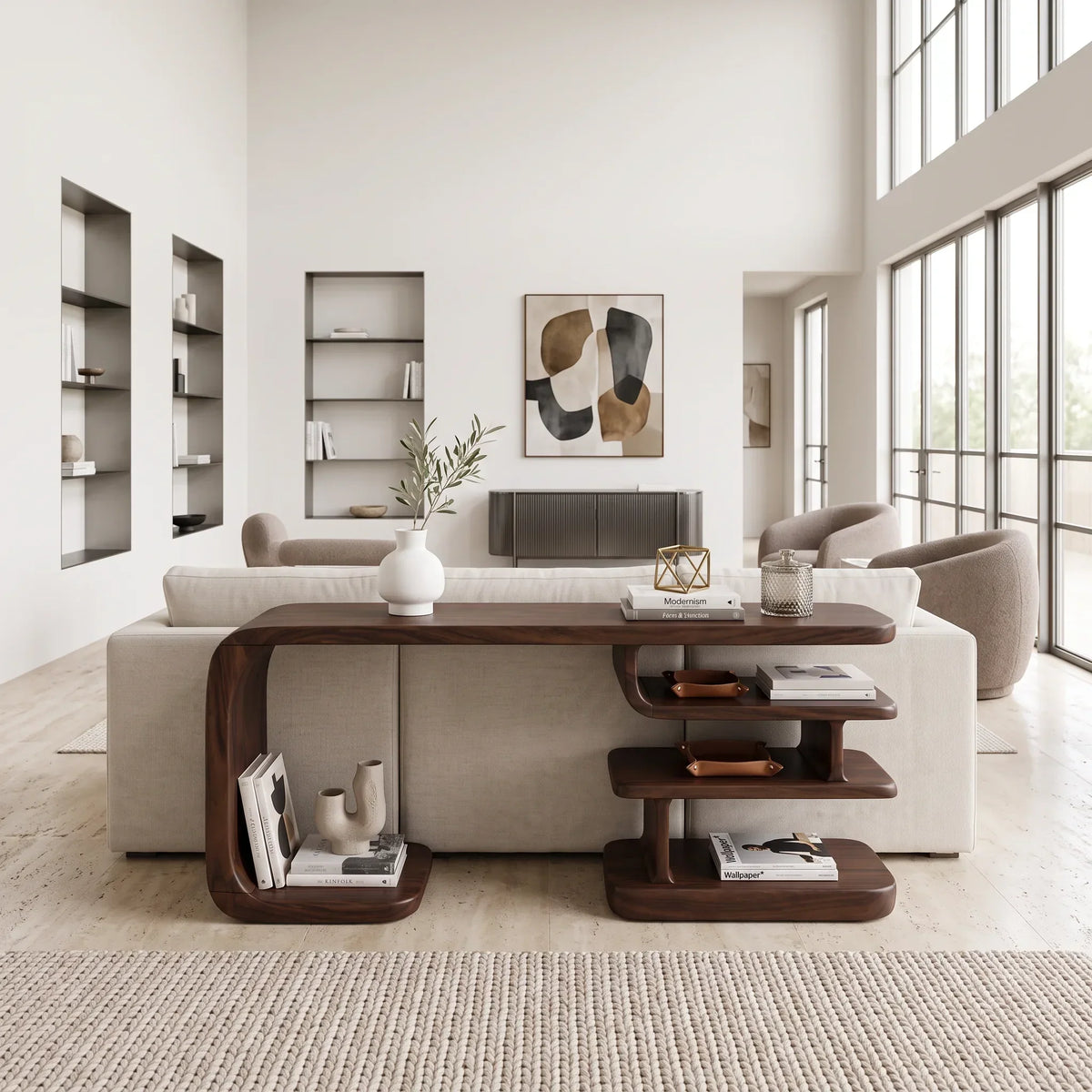 Contemporary Layered Shelf Console, solid wood, built to order