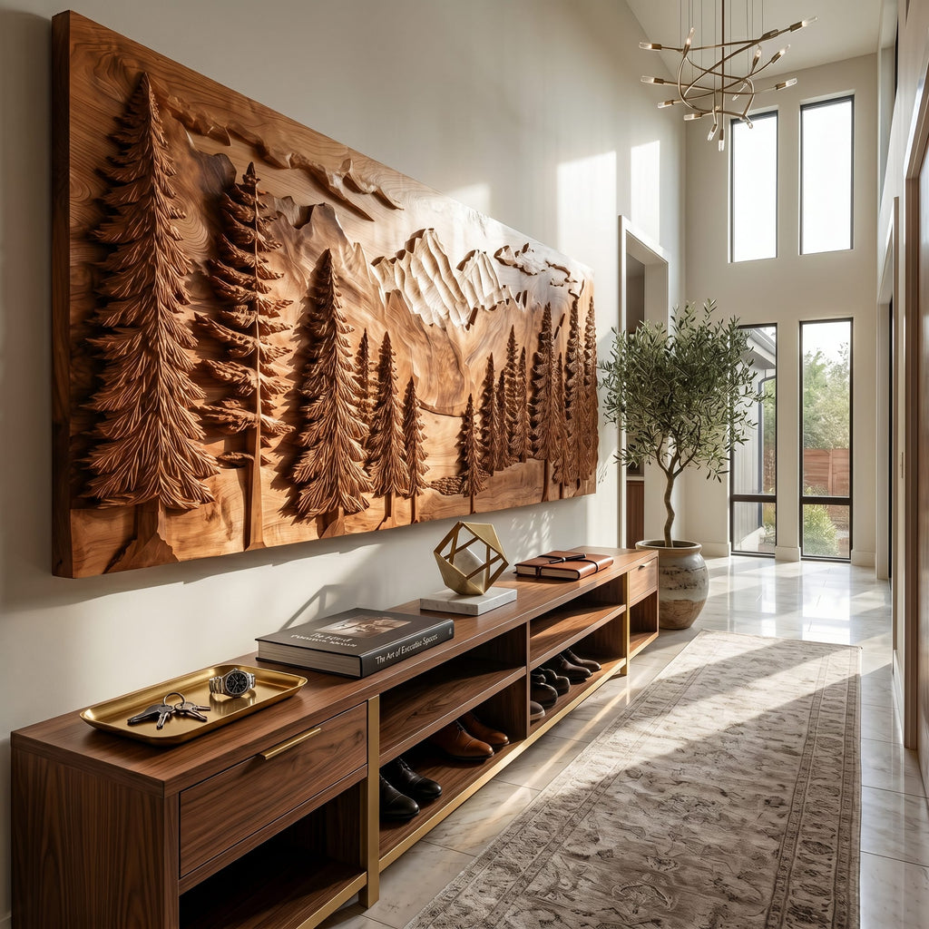 Carved Pine Forest Wood Wall Art, solid wood, built to order
