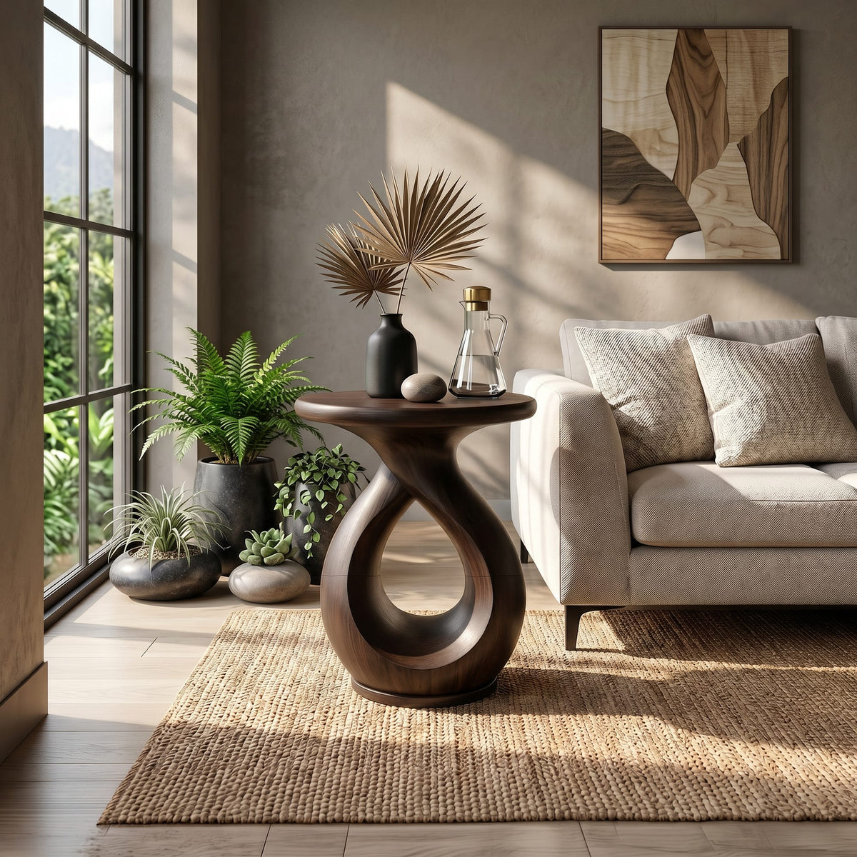 Japandi Twisted Side Table Contemporary Reading Nook, solid wood, built to order