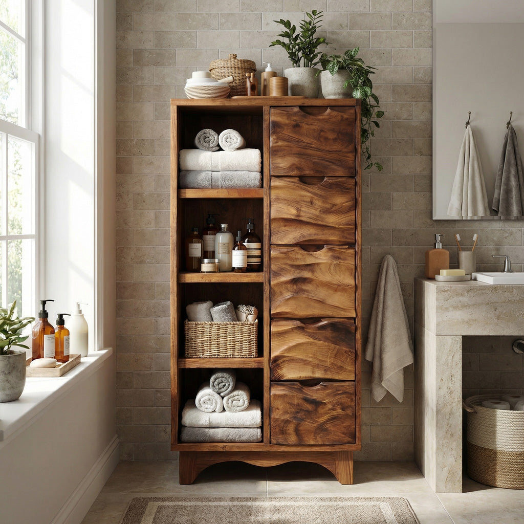 Contemporary Bathroom Cabinet with Open Shelves and Drawers for Spa, solid wood, built to order