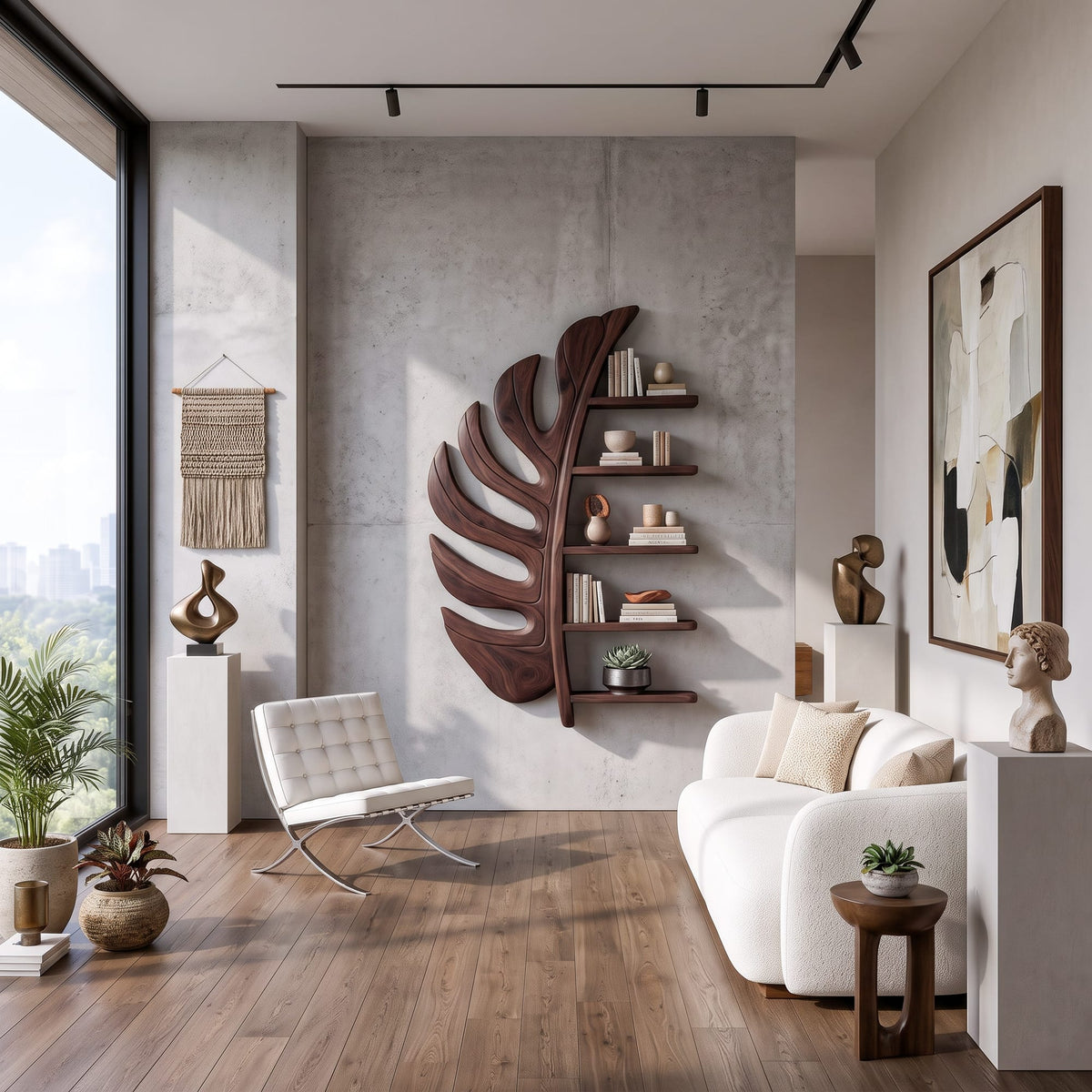 Artistic Leaf Statement Wall Bookshelf, solid wood, built to order