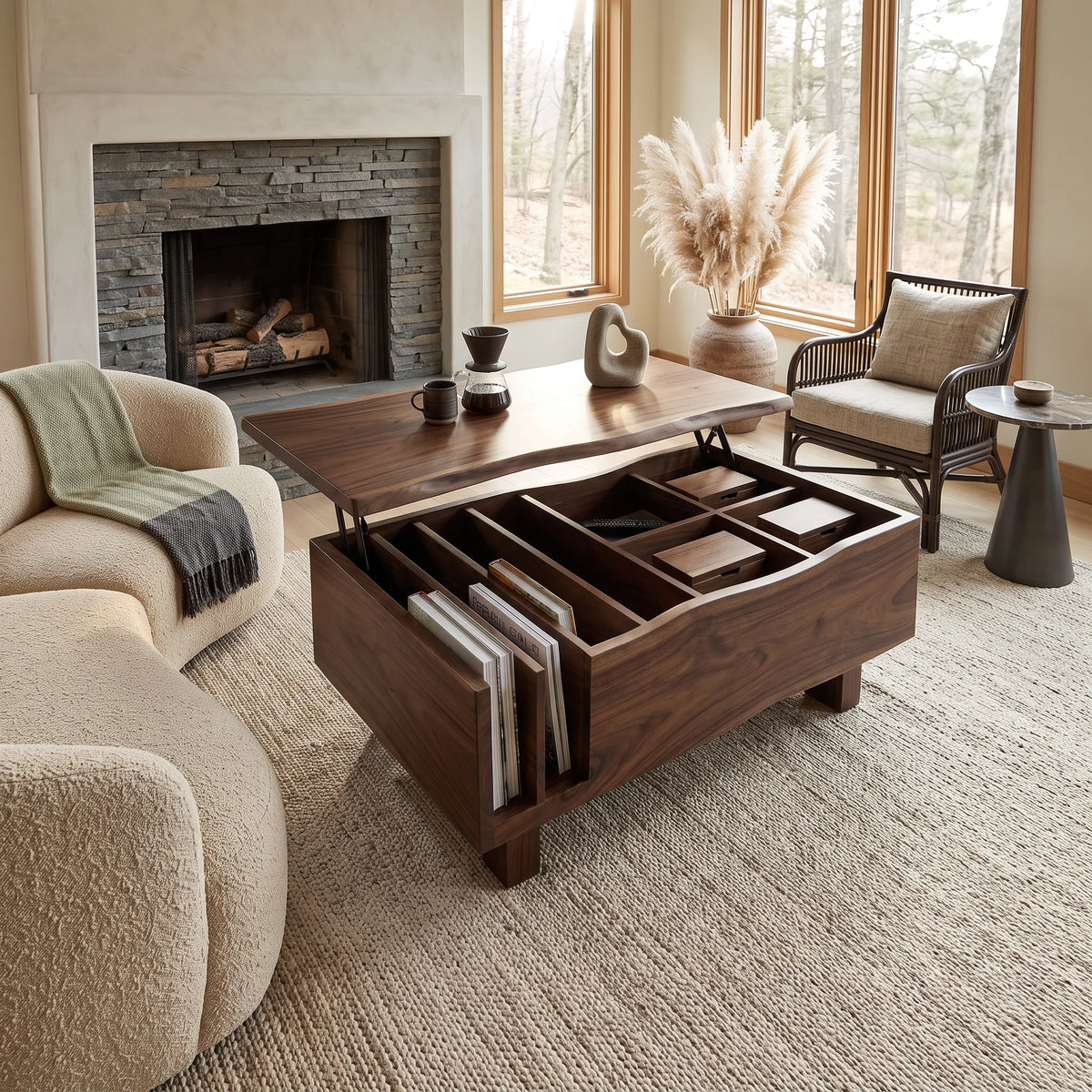 Organic Modern Lift Top Coffee Table Reading Lounge, solid wood, built to order, view 4