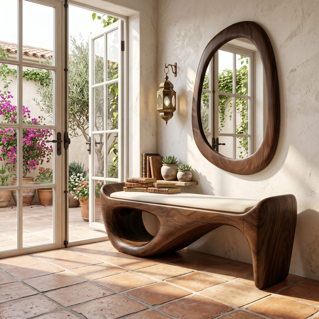 Designer Entryway Bench Organic Modern Home, solid wood, built to order