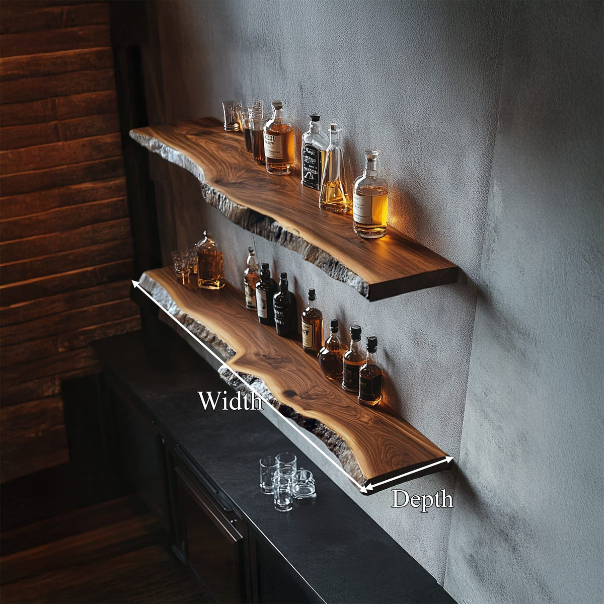 Handcrafted Live Edge Bar Shelf Dining Room Interior Storage, solid wood, built to order