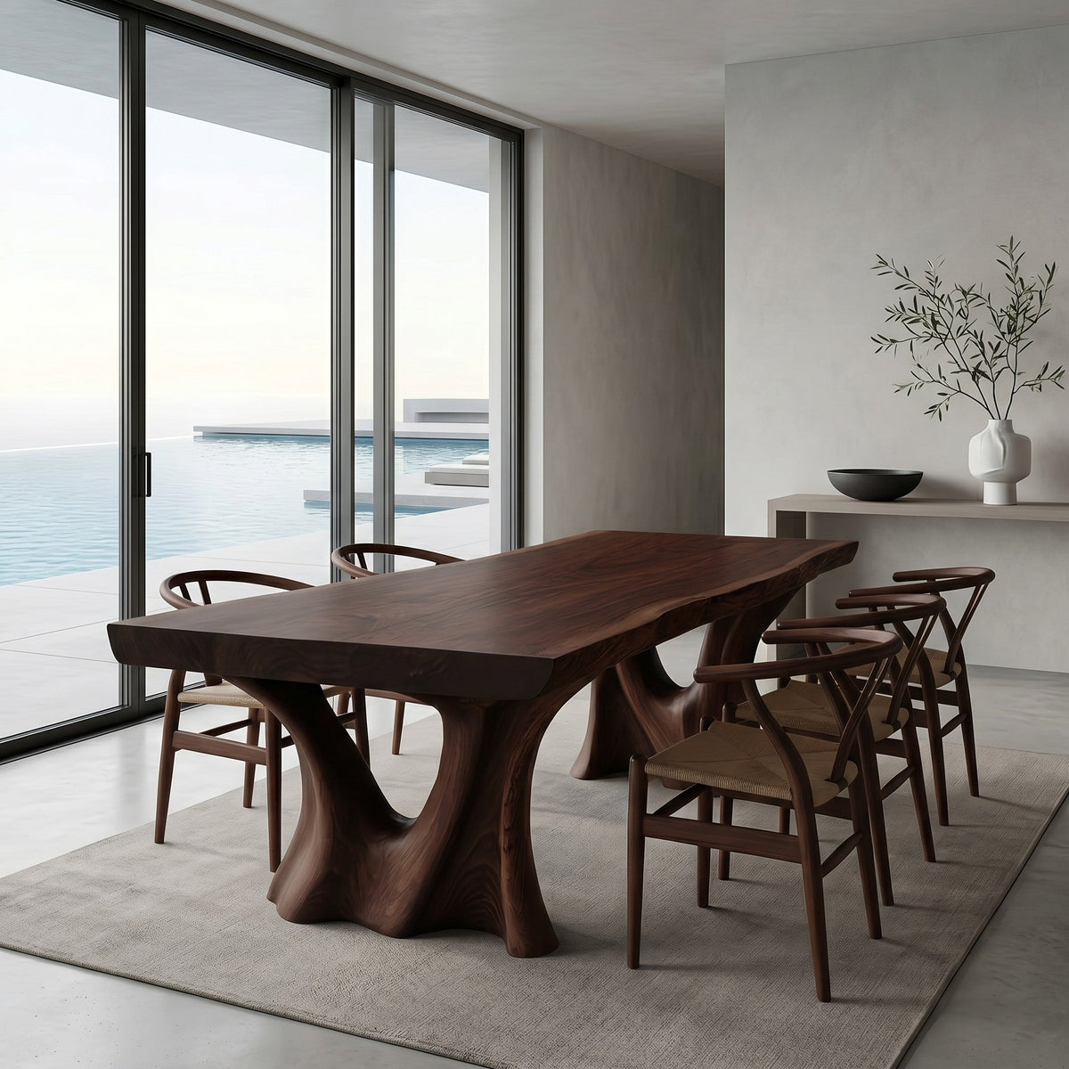 Modern Dining Table with Two Sculpted Legs, solid wood, built to order