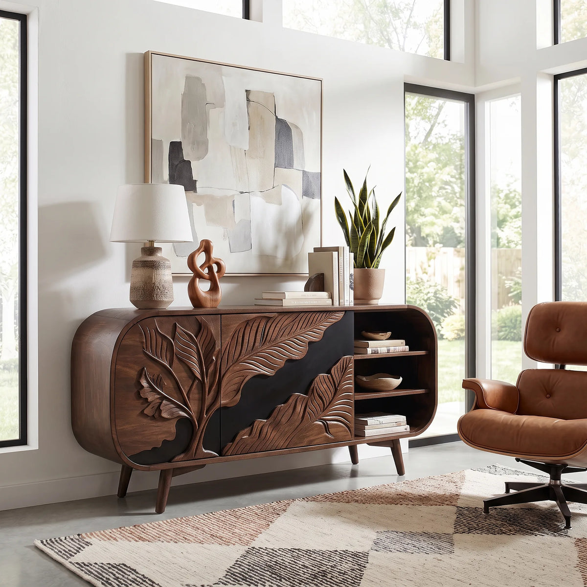 Organic Modern Carved Sideboard Cabinet Living Room, solid wood, built to order, view 4