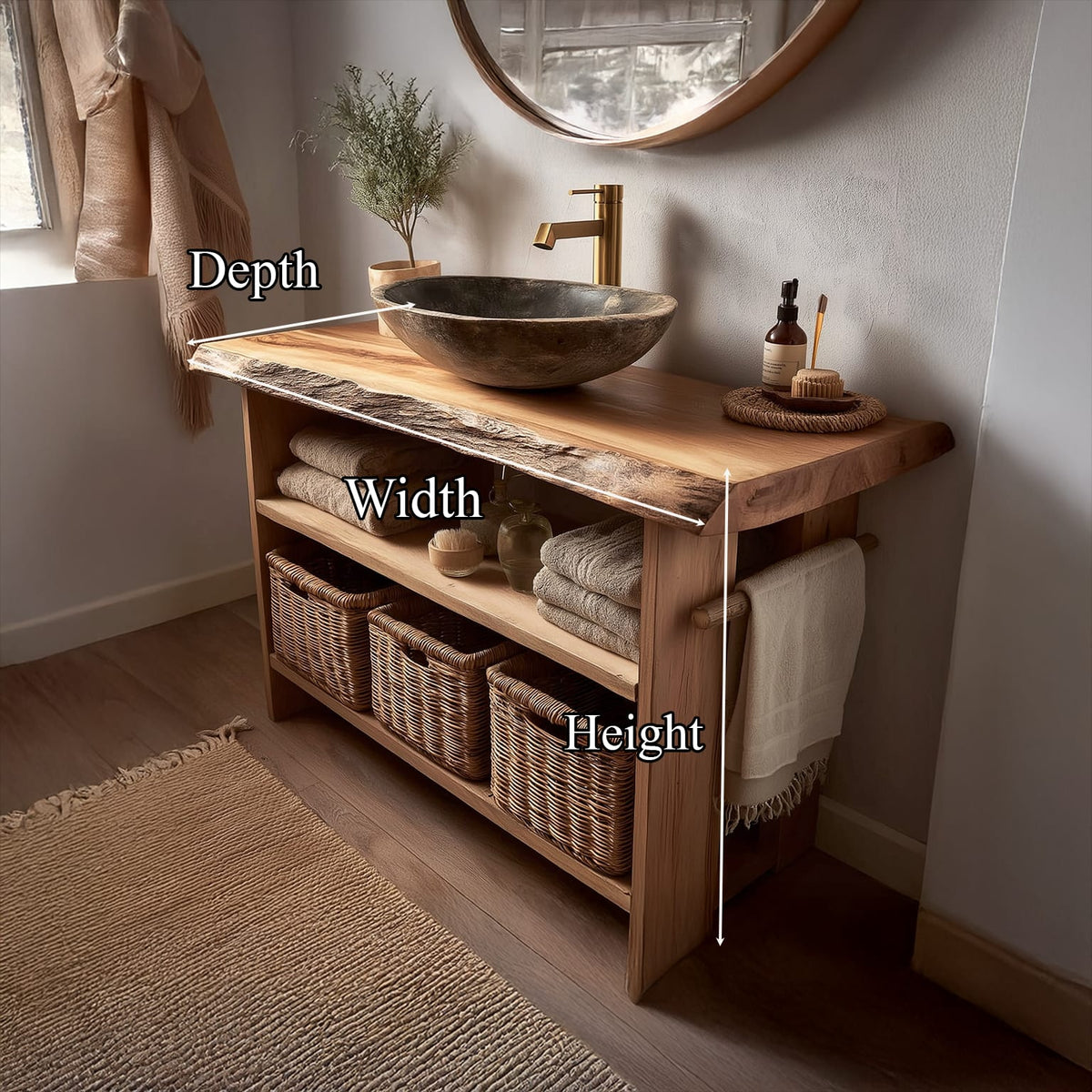Rustic Bathroom Vanity Console Open Storage, solid wood, built to order