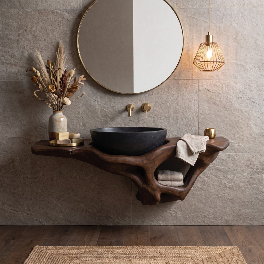 Mid Century Live Edge Vanity Bathroom Decor Accents, solid wood, built to order