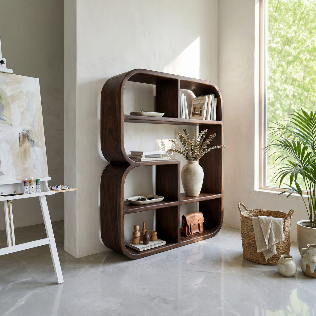 Modern Curved Bookshelf in Style, solid wood, built to order