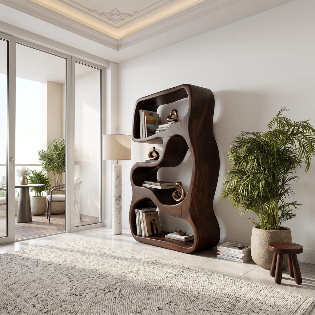 Minimalist Bookshelf Featuring Curved Side Panels, solid wood, built to order