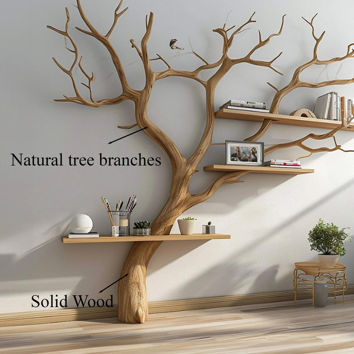 Tree Branches Wall Bookshelf Decorations, solid wood, built to order