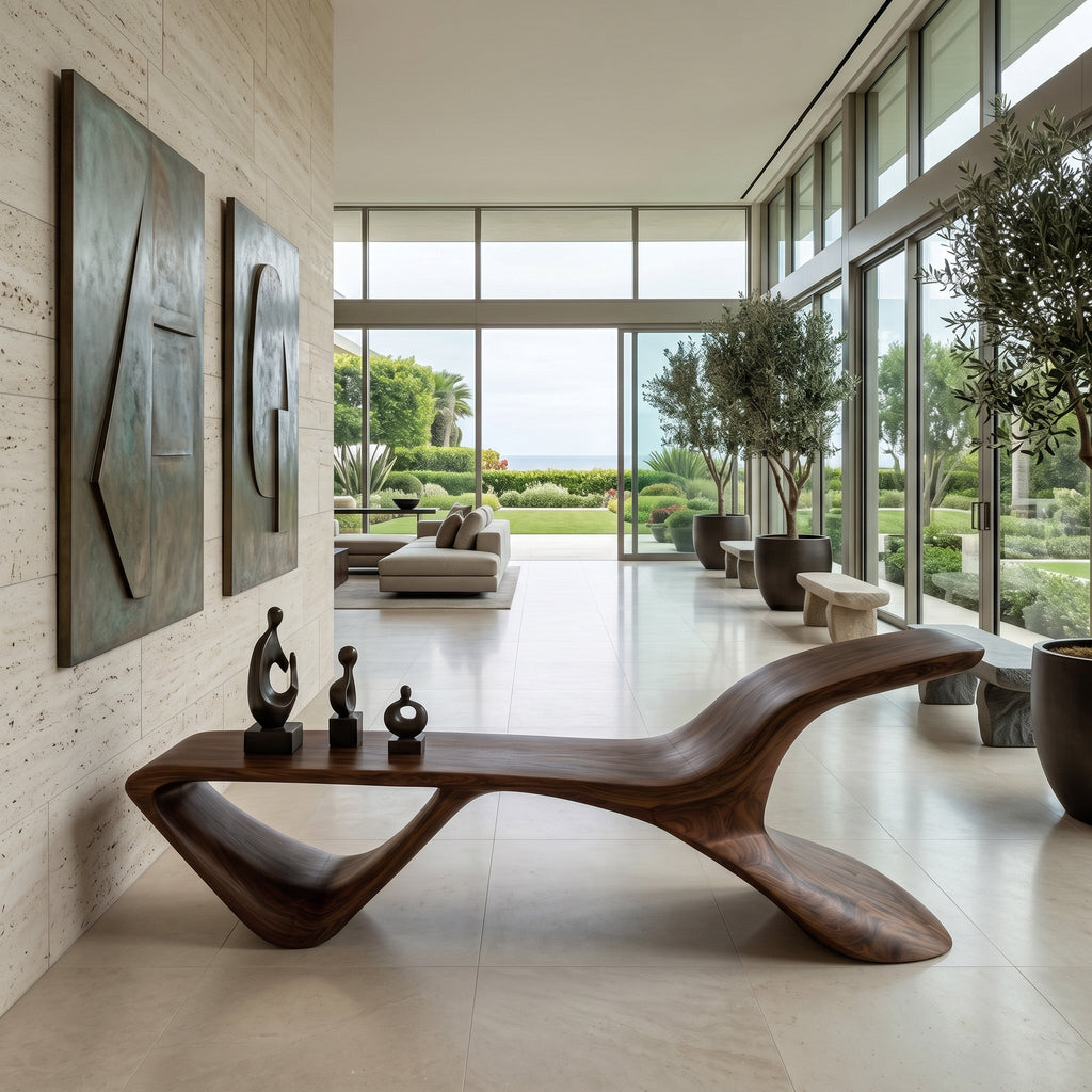Organic Modern Curved Bench, solid wood, built to order