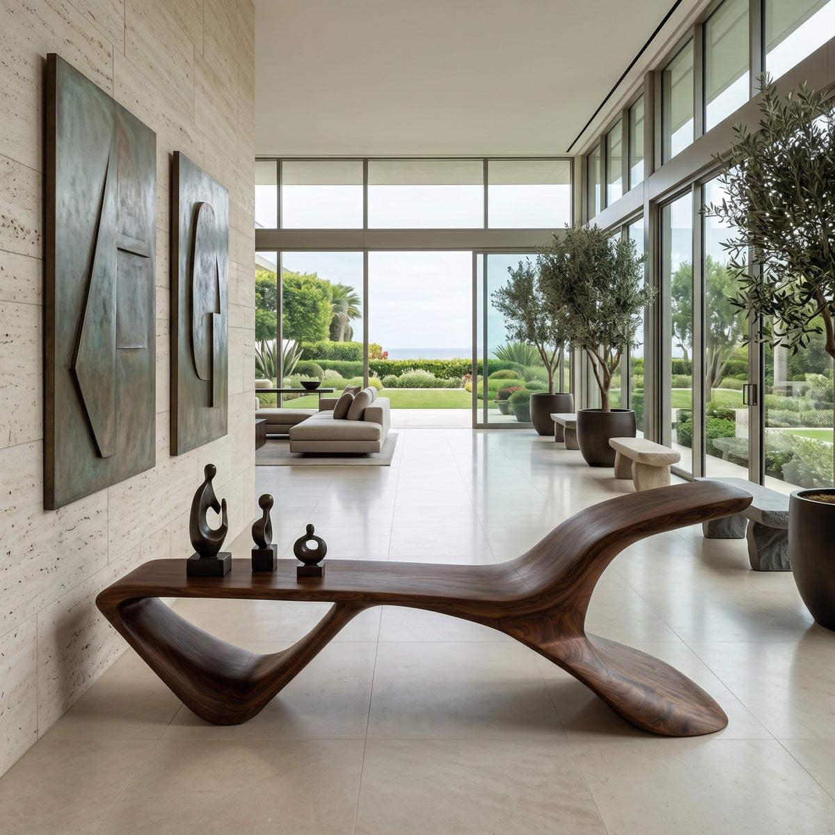 Organic Modern Curved Bench, solid wood, built to order