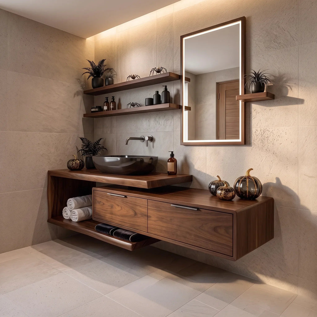 Handcrafted Mid Century Floating Vanity Primary Ensuite, solid wood, built to order
