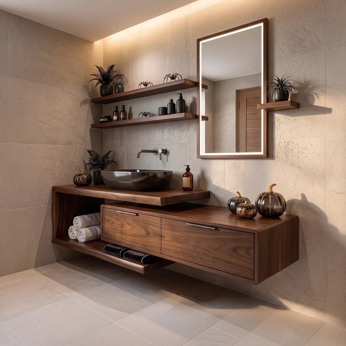 Handcrafted Mid Century Floating Vanity Primary Ensuite, solid wood, built to order