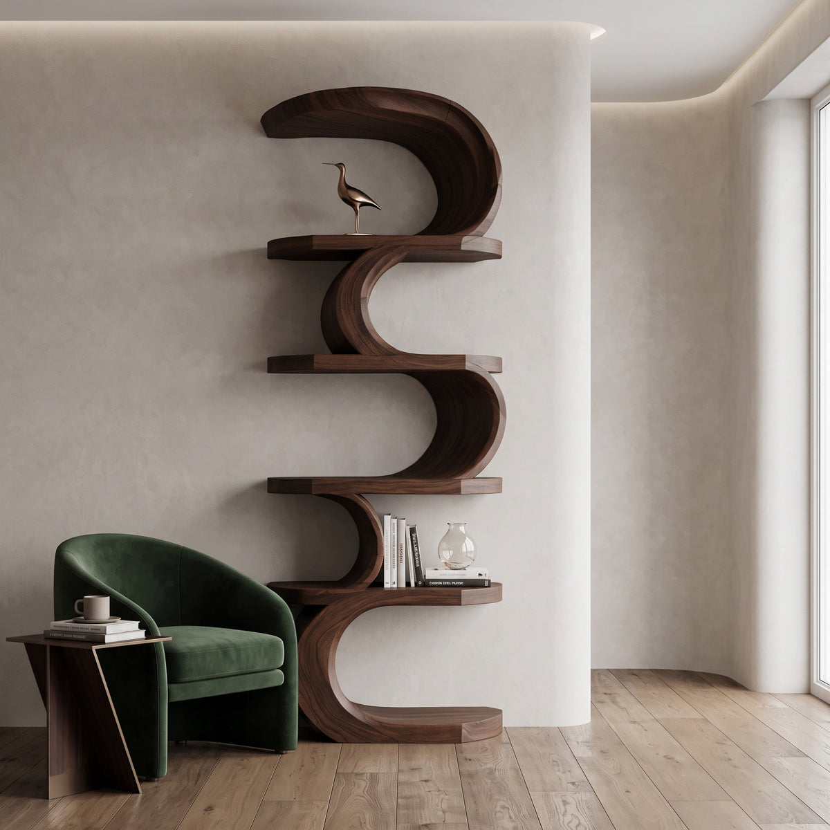 Modern Curved Bookshelf, solid wood, built to order