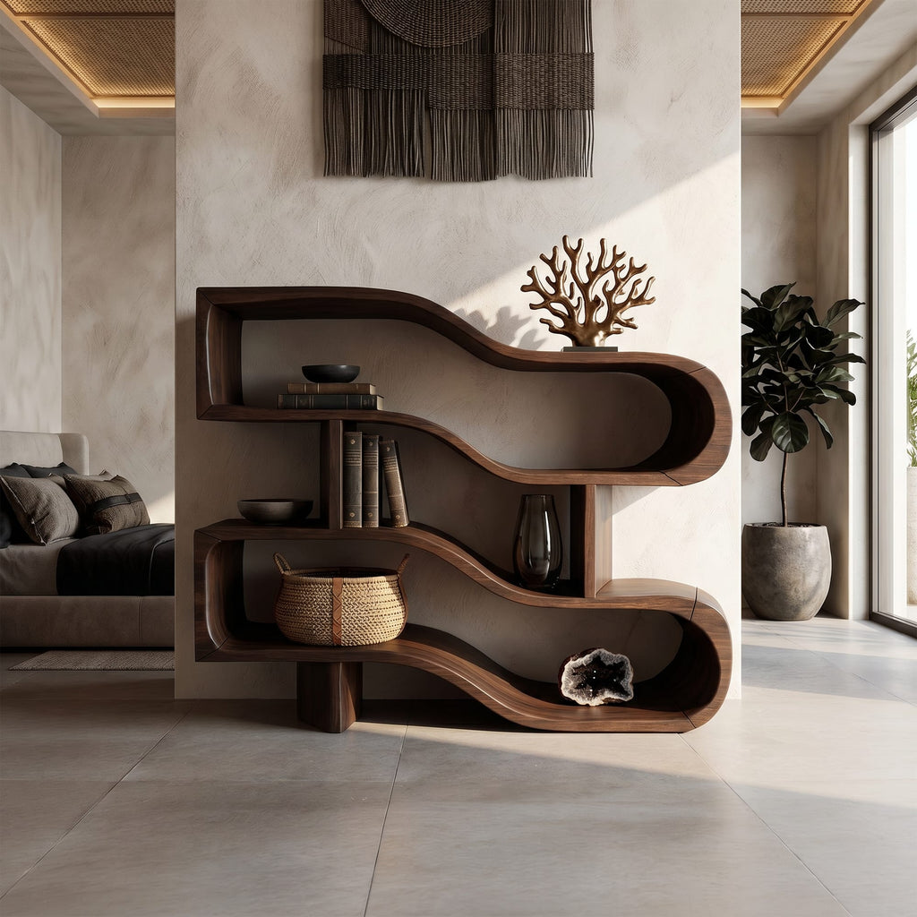 Modern Architectural Display Shelf with Floating Curves, solid wood, built to order