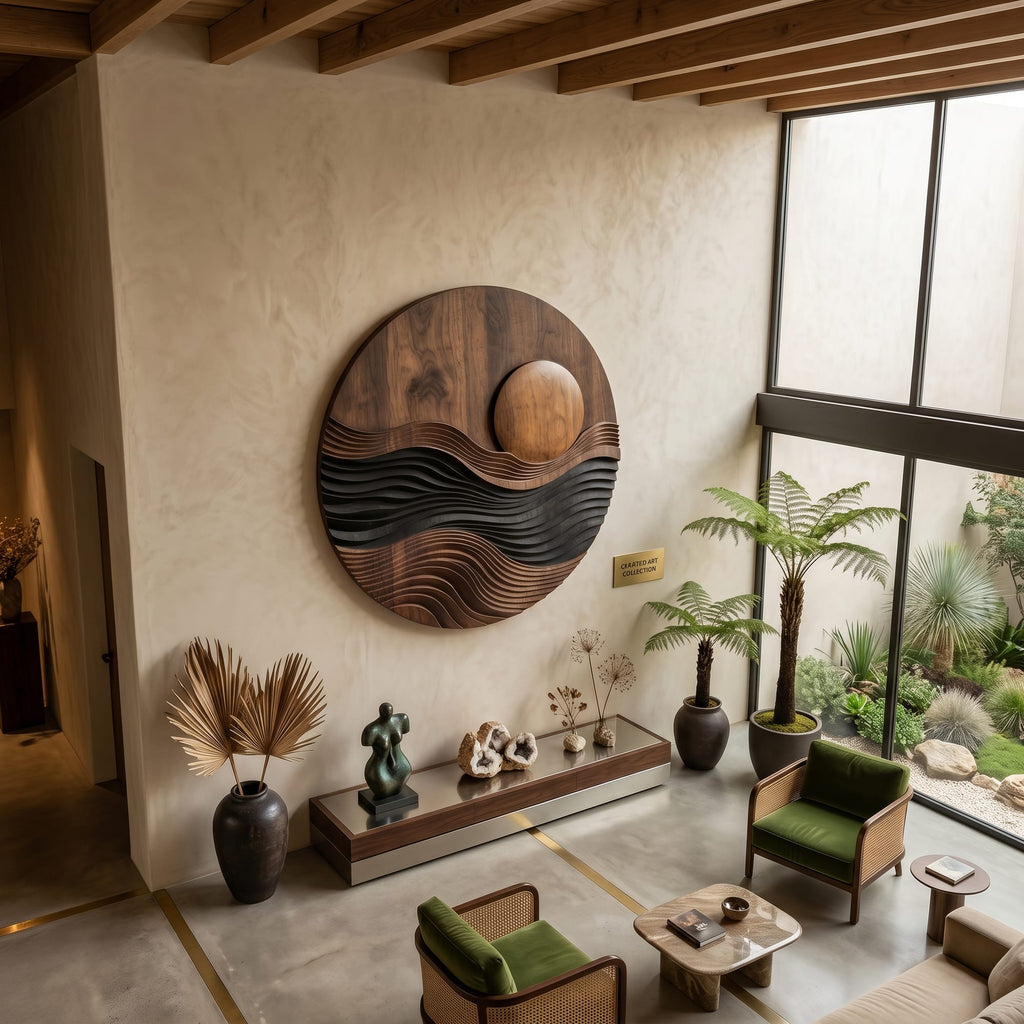 Modern Circular Landscape Wall Art, solid wood, built to order